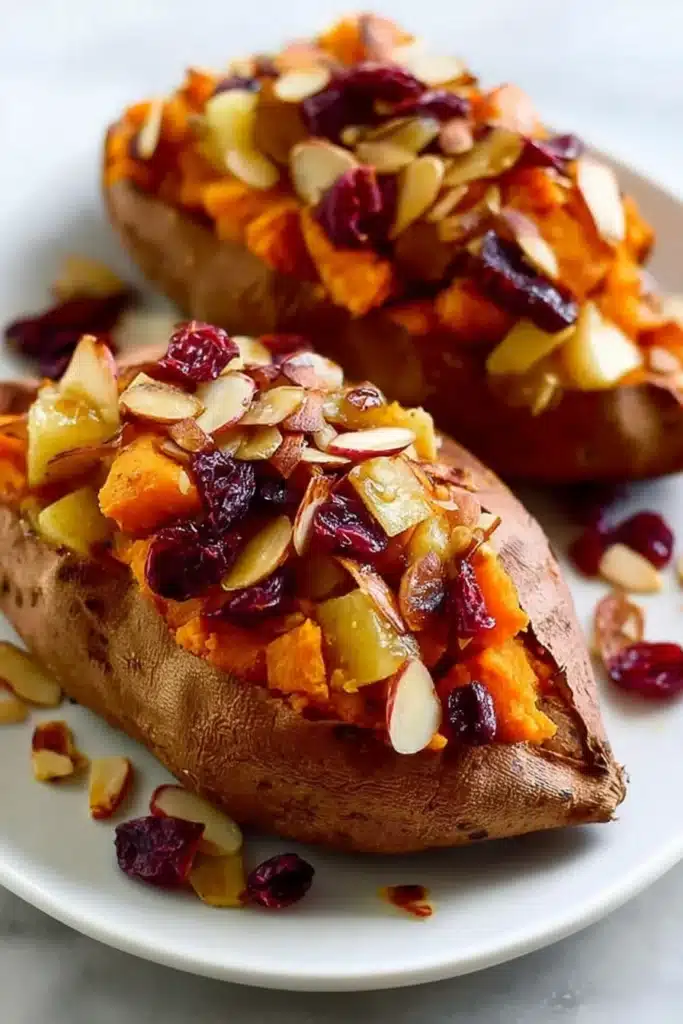 Cranberry Apple Twice-Baked Sweet Potatoes | Irresistible Holiday Side 12 Cranberry Apple Twice-Baked Sweet Potatoes with almond topping.