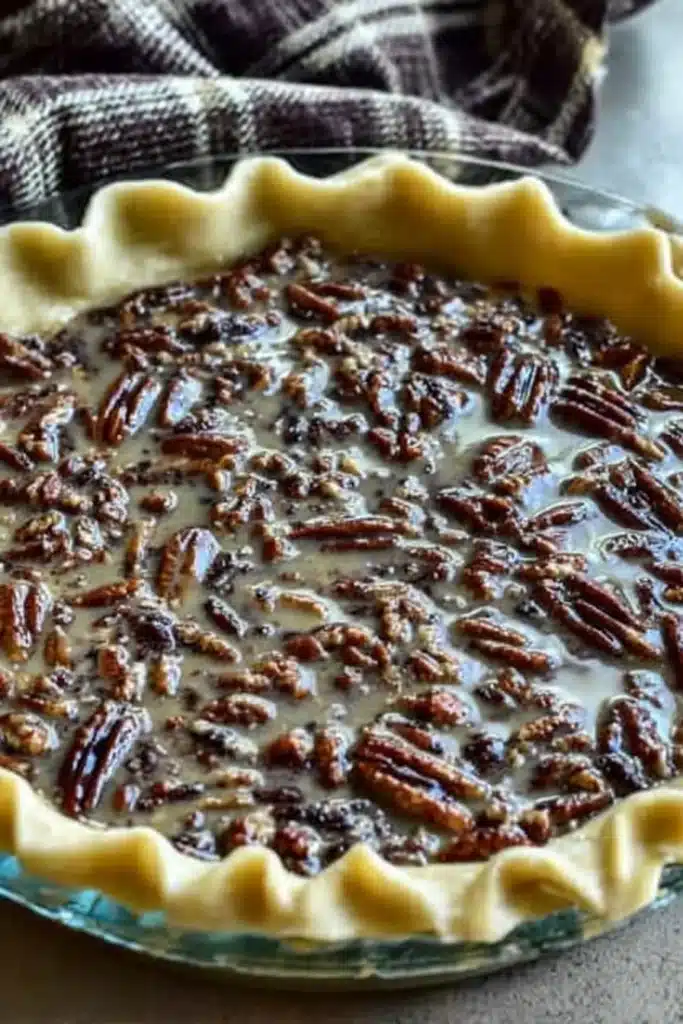 Unbaked Southern pecan pie in glass dish ready for baking