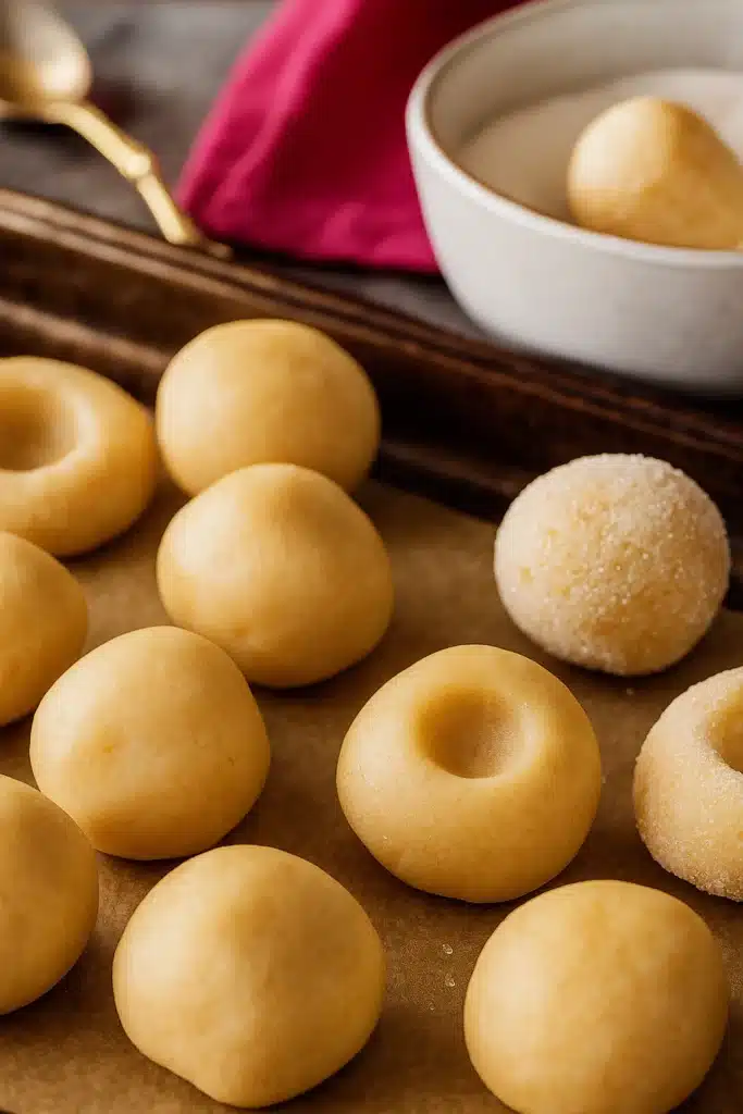 Classic Thumbprint Cookies – Easy, Sweet & Irresistible 9 Unbaked classic thumbprint cookie dough balls on tray