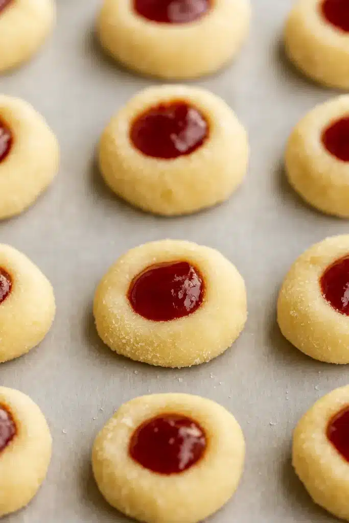 Thumbprint Cookies – Simple, Delicious, and Irresistible 9 Unbaked thumbprint cookies with jam on parchment paper