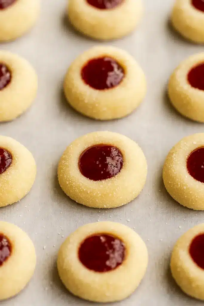Thumbprint Cookies – Simple, Delicious, and Irresistible 8 Unbaked thumbprint cookies with jam on parchment paper
