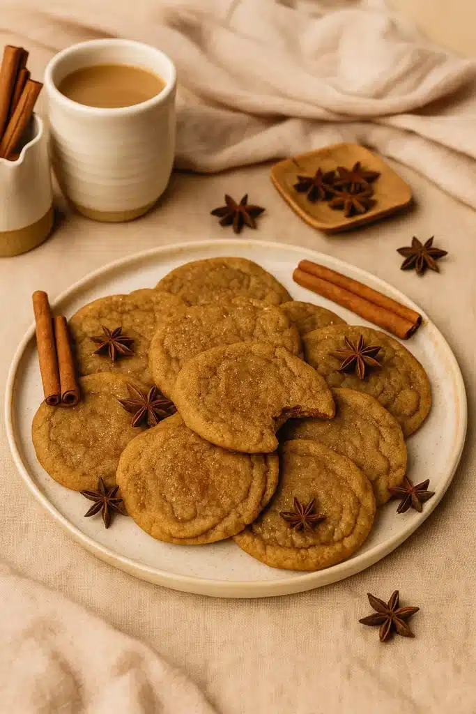 Soft vegan chai cookies with cinnamon and a cup of tea