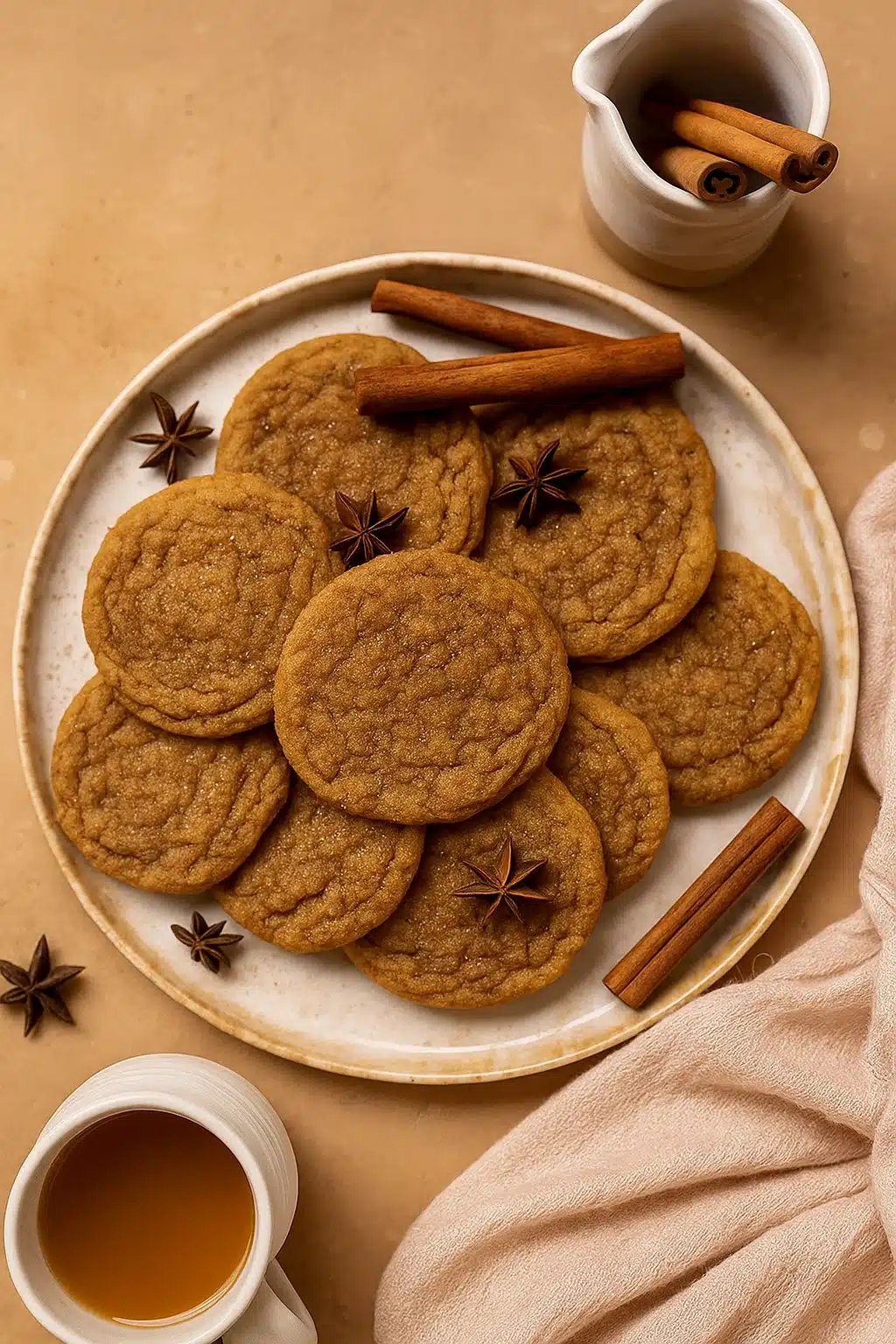 Soft chai cookies with cinnamon and star anise on a ceramic plate