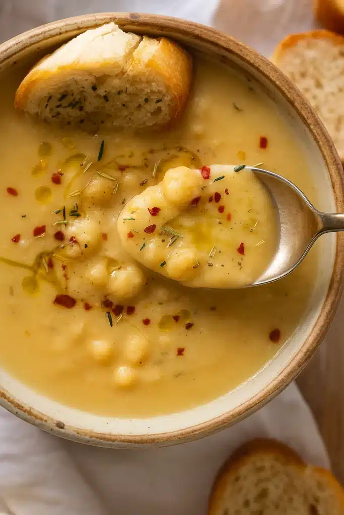 Vegan Garlic Chickpea Soup | Simple, Cozy & Delicious 7 Spoonful of vegan garlic chickpea soup with olive oil and chili flakes