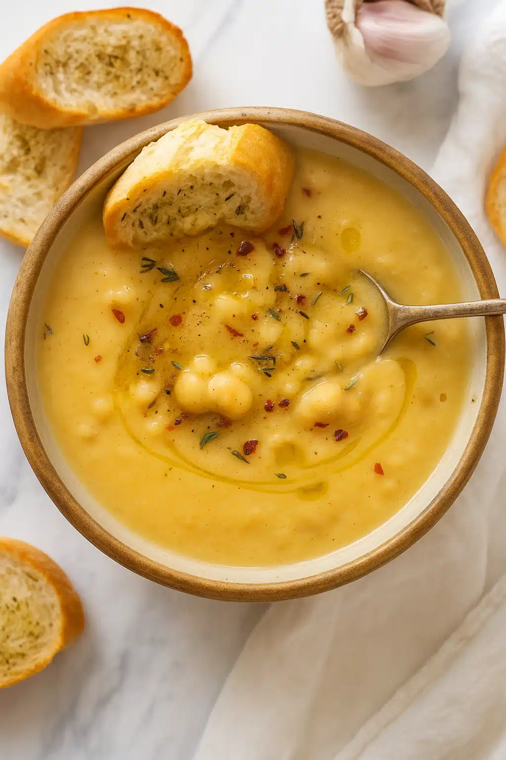 Creamy vegan garlic chickpea soup with olive oil drizzle and crusty bread