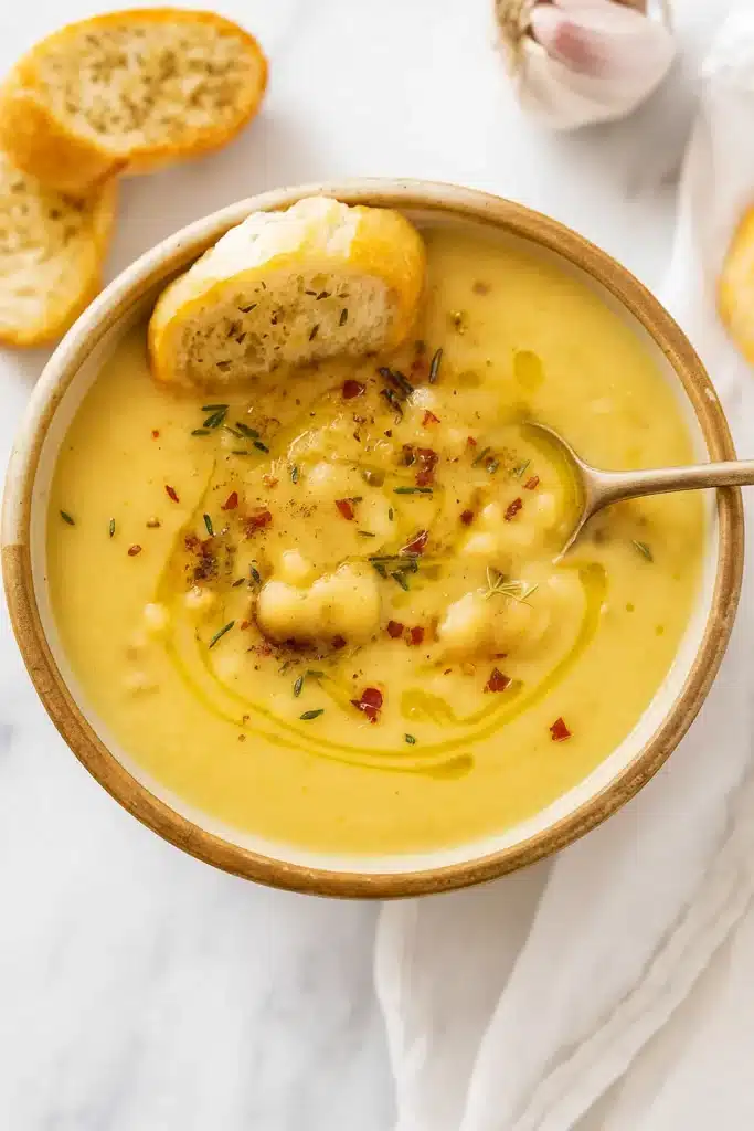 Vegan Garlic Chickpea Soup | Simple, Cozy & Delicious 8 Creamy vegan garlic chickpea soup with olive oil drizzle and crusty bread