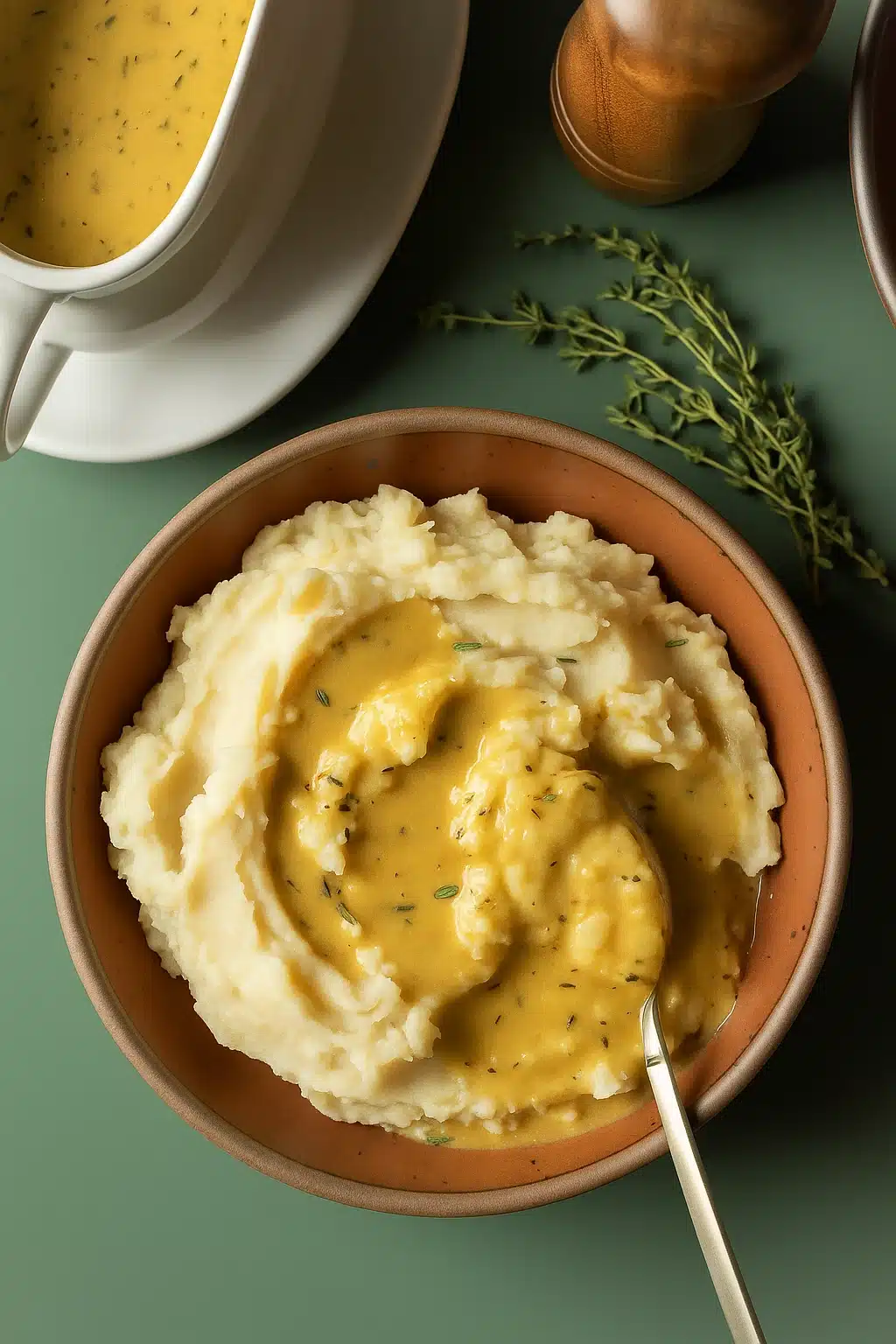 Vegan gravy over mashed potatoes in rustic bowl with thyme