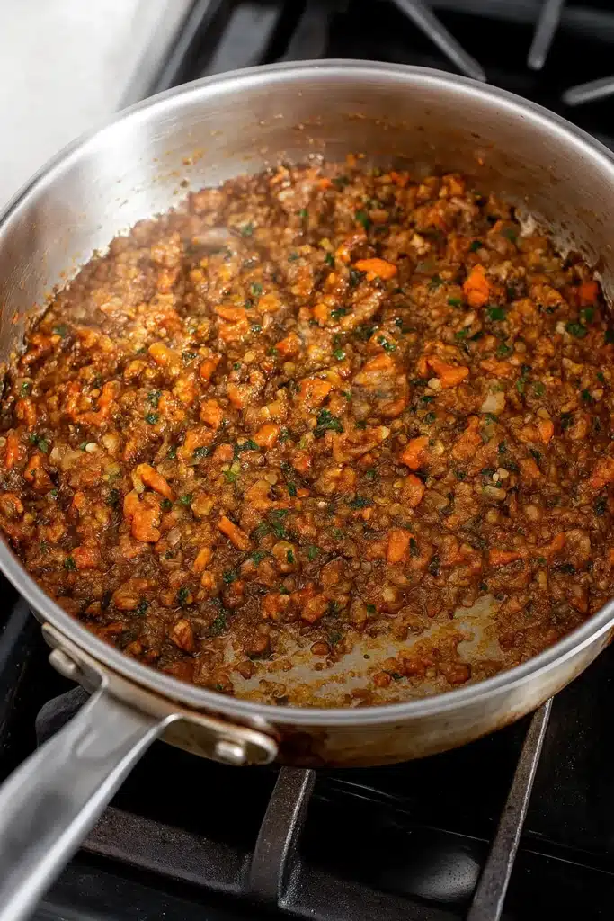 Sautéed carrots, mushrooms, and herbs for vegetarian meatloaf