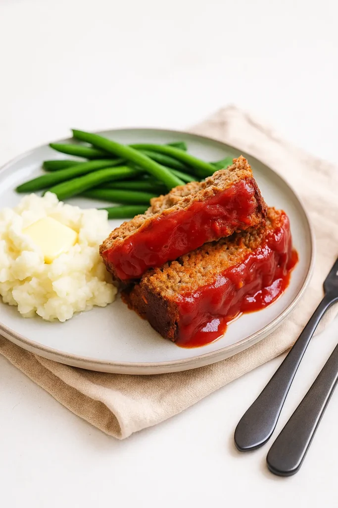 Vegetarian meatloaf dinner with mashed potatoes and green beans