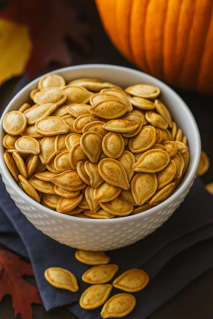 White bowl of roasted pumpkin seeds with autumn background