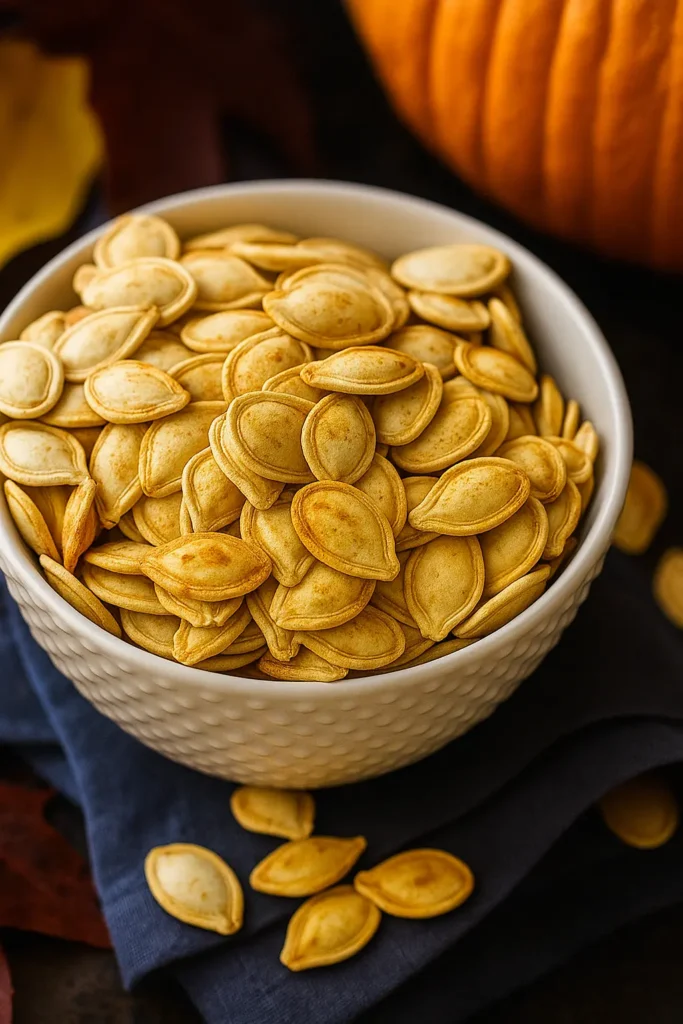 White bowl of roasted pumpkin seeds with autumn background