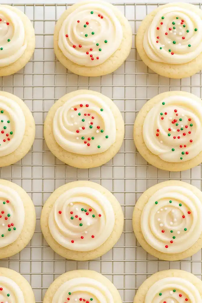 Yogurt Christmas Cookies cooling on rack with frosting and sprinkles