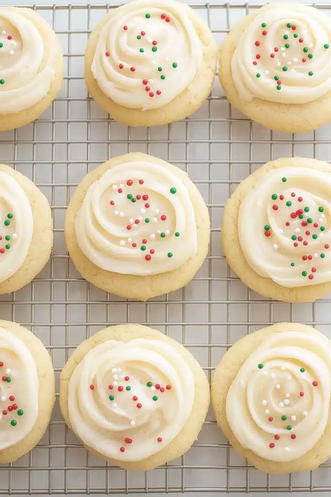 Yogurt Christmas Cookies – Soft, Festive, and Easy to Make 8 Yogurt Christmas Cookies cooling on rack with frosting and sprinkles