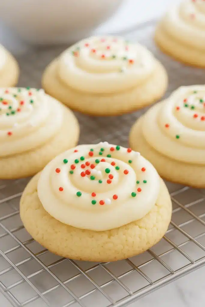 Yogurt Christmas Cookies – Soft, Festive, and Easy to Make 11 Yogurt Christmas Cookies with frosting and festive sprinkles on cooling rack