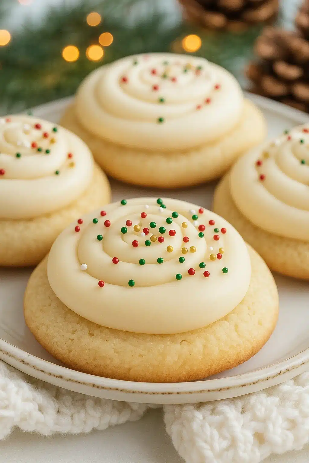 Yogurt Christmas Cookies with creamy frosting and festive sprinkles
