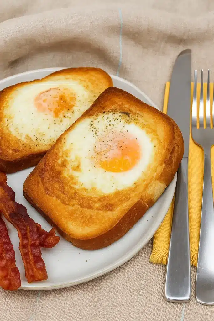 Air fryer egg toast with runny yolks and crispy bacon on a breakfast plate