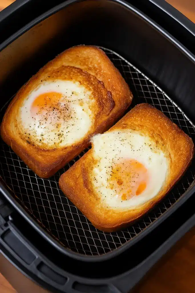 Air fryer egg toast cooking in basket with golden bread and soft yolks