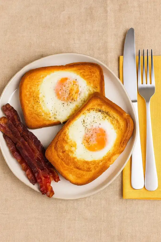 Air fryer egg toast served with crispy bacon on a breakfast plate