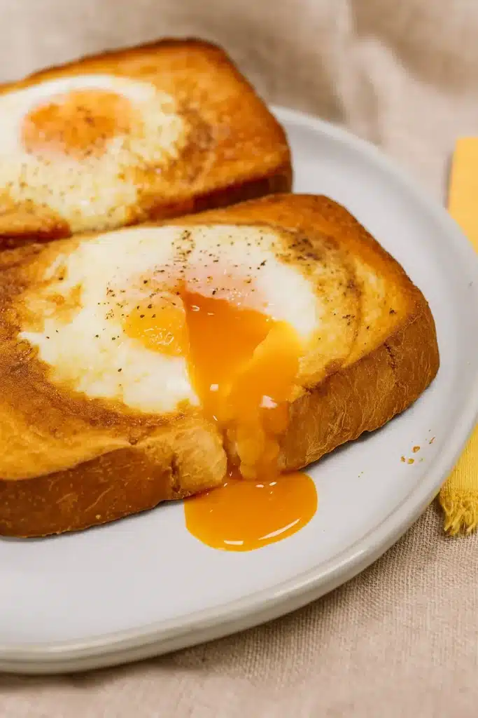 Runny yolk air fryer egg toast on plate with crispy golden bread