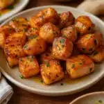 Crispy air fryer honey garlic salmon bites on a plate with glaze and herbs