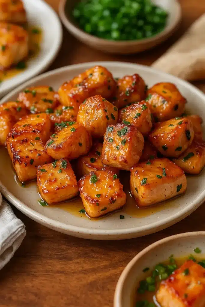 Crispy air fryer honey garlic salmon bites on a plate with glaze and herbs