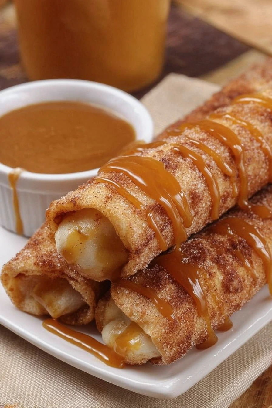 Apple pie taquitos drizzled with caramel sauce on white plate