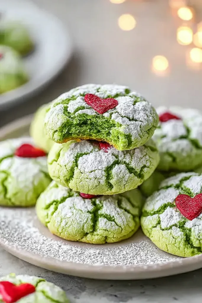 Freshly baked Grinch crinkle cookies with powdered sugar and red heart decorations