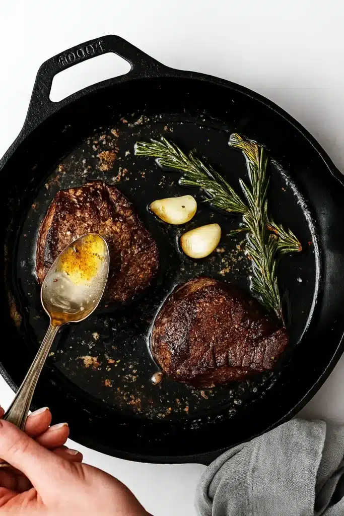 Filet mignon steaks being basted with butter in a cast iron skillet with garlic and rosemary.