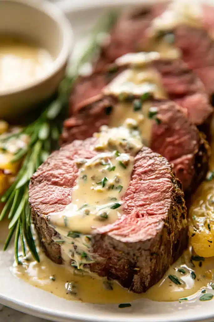 Beef Fillet Recipe – Tender, Juicy & Absolutely Amazing 9 Sliced beef fillet with creamy Bearnaise sauce and fresh herbs