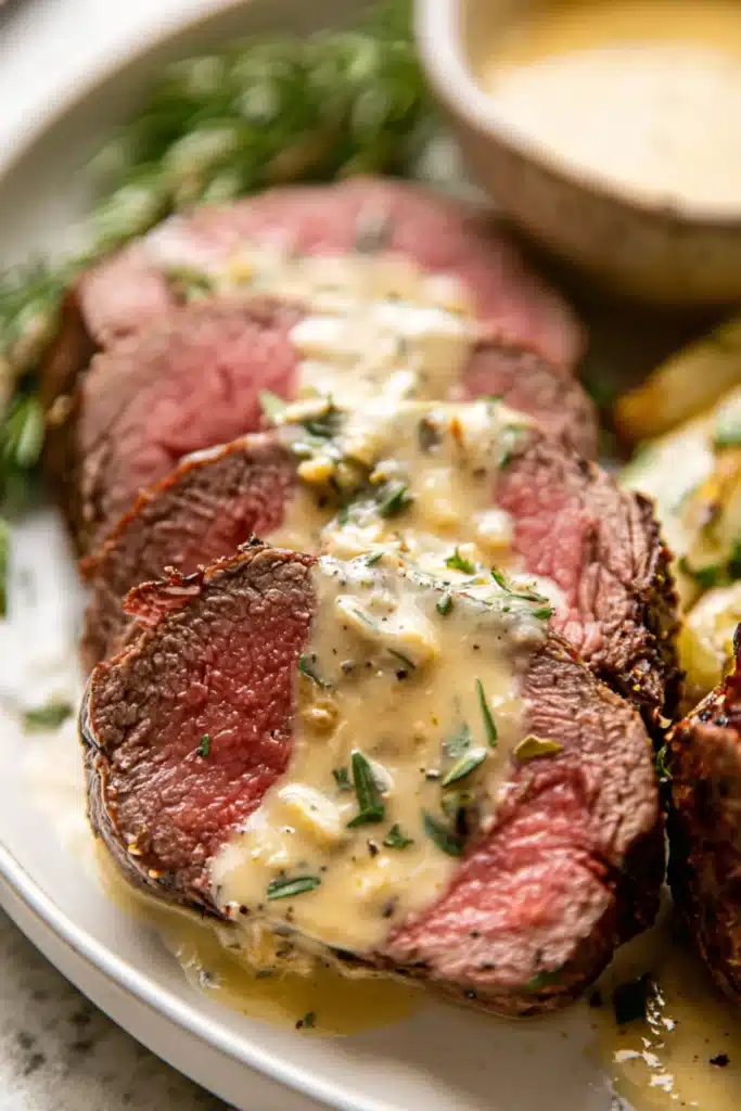 Beef Fillet Recipe – Tender, Juicy & Absolutely Amazing 11 Sliced beef fillet with creamy Bearnaise sauce and fresh herbs