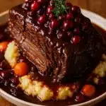 Beef roast with cranberry glaze on mashed potatoes and carrots