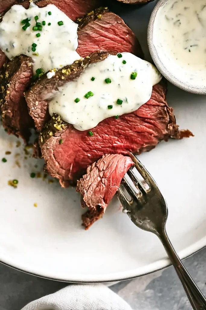 Beef Tenderloin Roast | Simple & Delicious Holiday Feast 16 Beef tenderloin roast slices topped with creamy horseradish sauce and chives on white plate