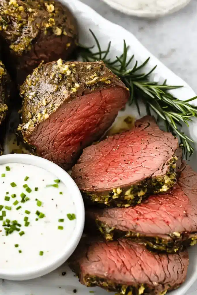 Beef Tenderloin Roast | Simple & Delicious Holiday Feast 11 Sliced medium-rare beef tenderloin roast with garlic herb crust and creamy horseradish sauce