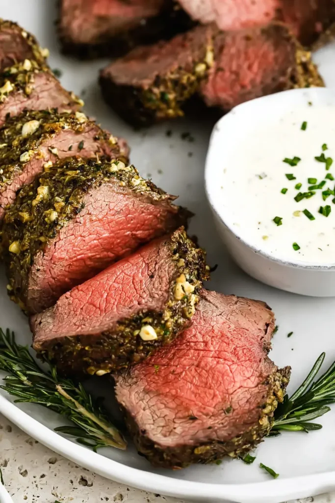 Beef Tenderloin Roast | Simple & Delicious Holiday Feast 15 Sliced medium-rare beef tenderloin roast with garlic herb crust and creamy horseradish sauce