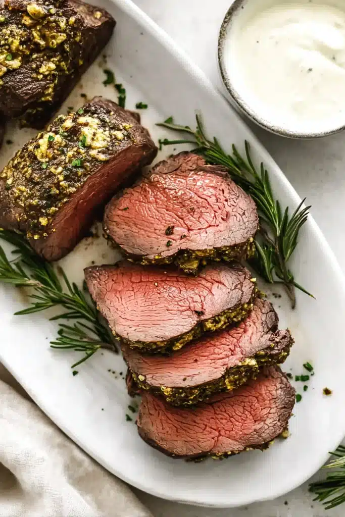 Beef Tenderloin Roast | Simple & Delicious Holiday Feast 18 Garlic herb beef tenderloin roast sliced medium rare with creamy horseradish sauce