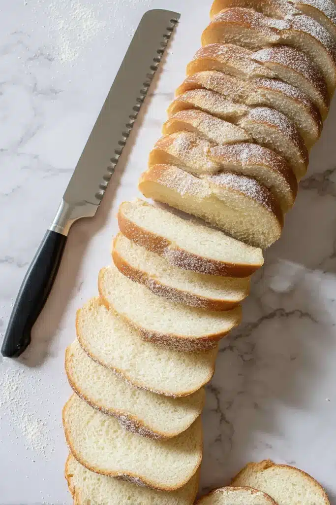 Homemade Stuffing Recipe | Ultimate Holiday Favorite 8 Thick-sliced white bread loaf for homemade stuffing on marble surface