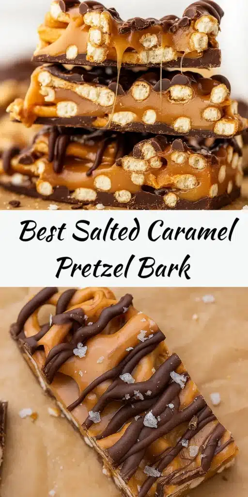 The Best Salted Caramel Pretzel Bark with chocolate, caramel, and pretzels on parchment