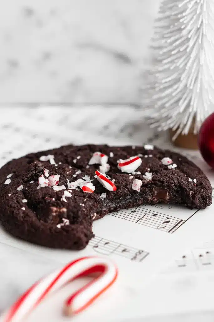 Bitten chocolate peppermint cookie with crushed candy canes