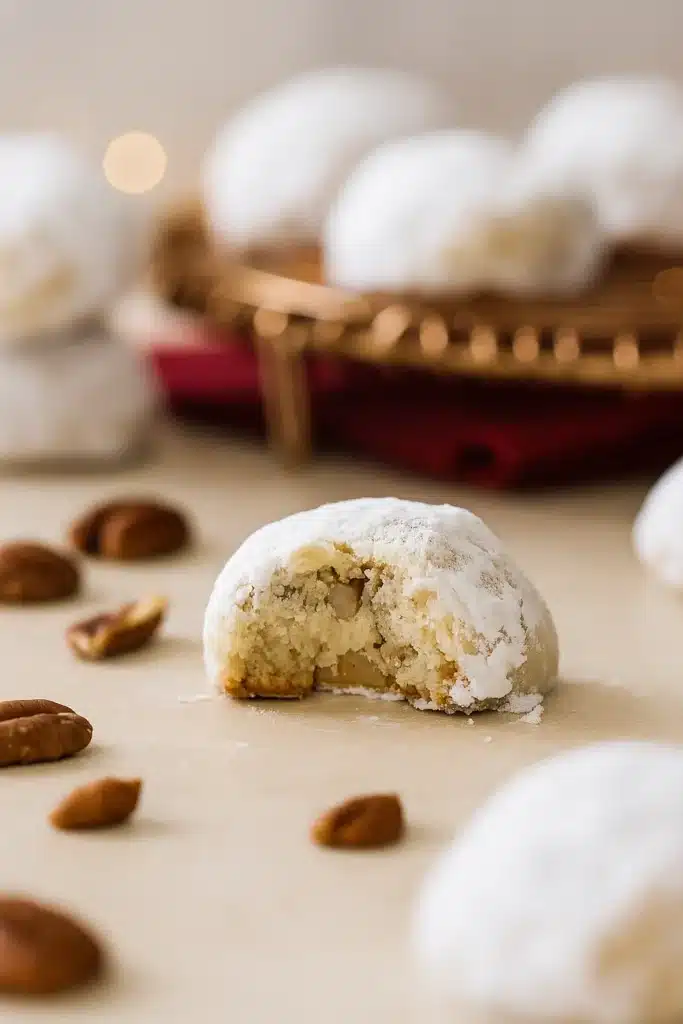 Close-up of bitten Russian Tea Cake showing nutty crumbly inside