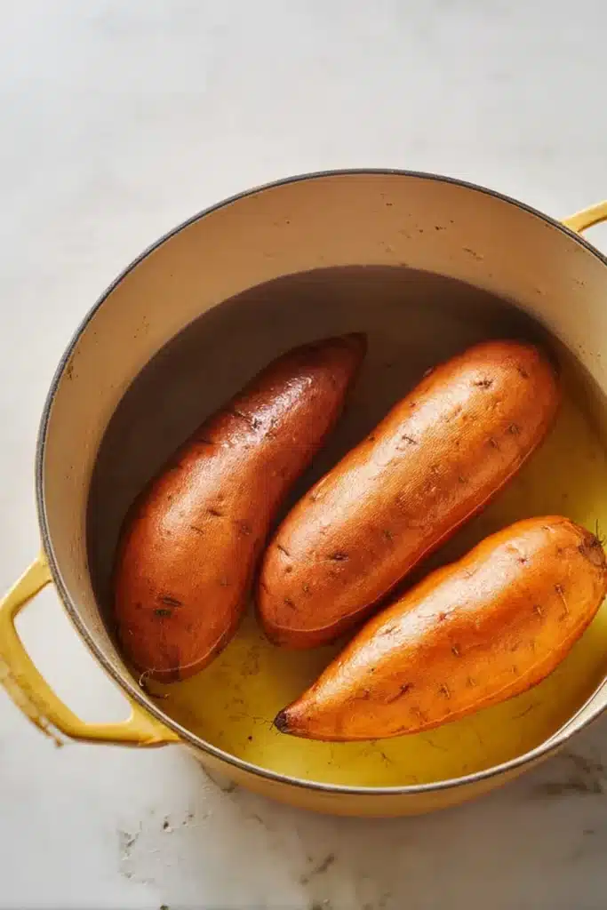 Sweet Potato Pie – Soulful, Creamy & Irresistibly Delicious 15 Sweet potatoes boiling in yellow Dutch oven for pie prep