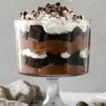 Layered brownie trifle with chocolate mousse and whipped cream in a glass bowl