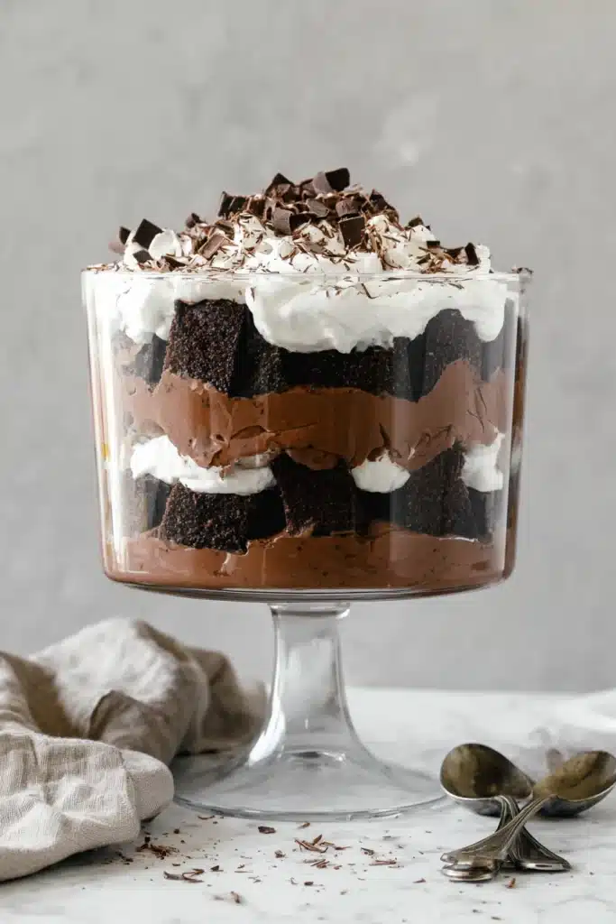 Layered brownie trifle with chocolate mousse and whipped cream in a glass bowl