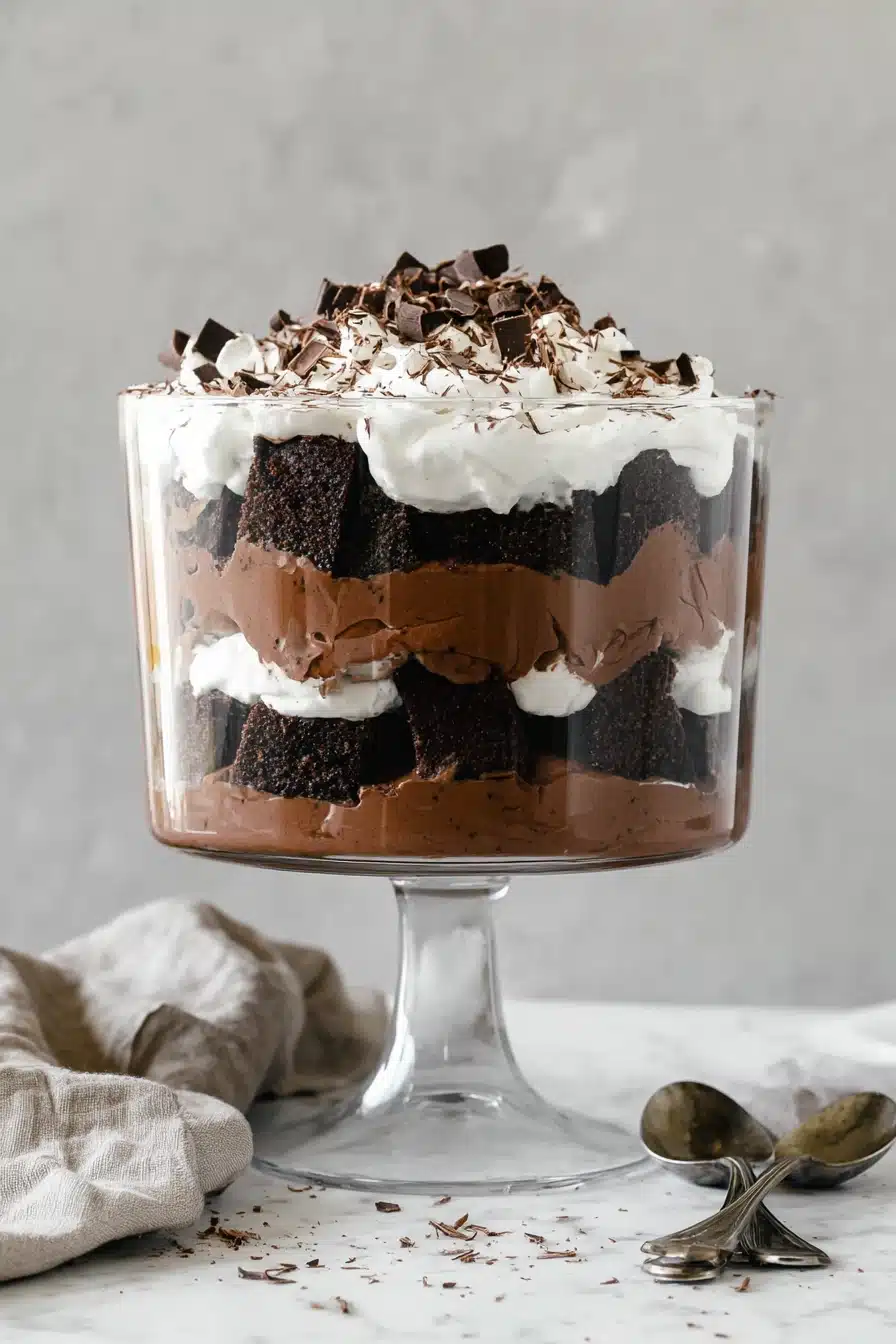 Layered brownie trifle with chocolate mousse and whipped cream in a glass bowl