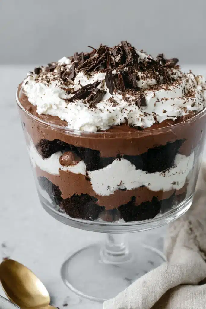 Brownie Trifle Recipe – Decadent, Easy & Wholesome Dessert 6 Close-up of brownie trifle layers with whipped cream and chocolate shavings