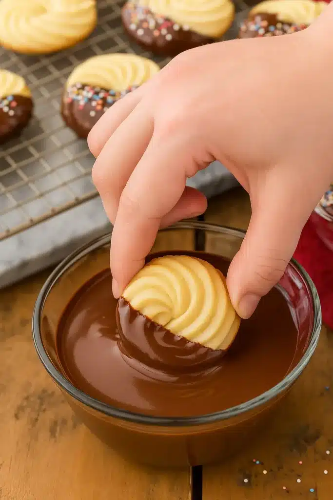 Dipping butter cookie in melted chocolate for a festive finish