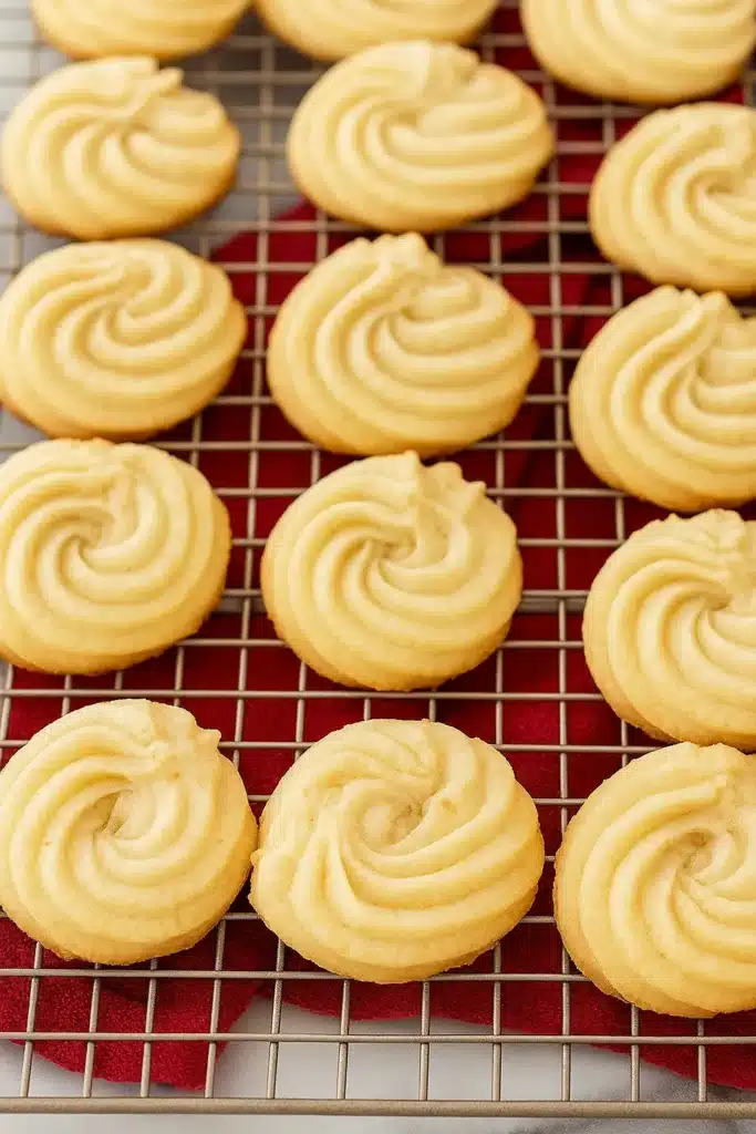 Freshly baked butter cookies cooling on rack before dipping