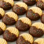 Chocolate-dipped butter cookies with sprinkles on parchment paper