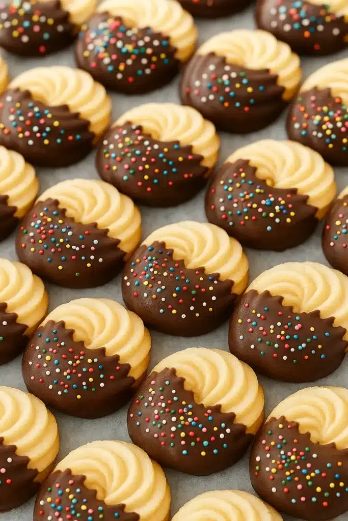 Chocolate-dipped butter cookies with sprinkles on parchment paper