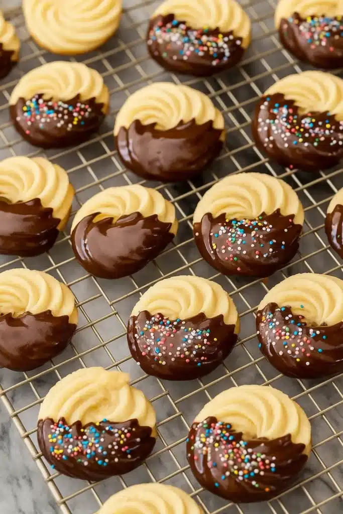 Chocolate-dipped butter cookies cooling on rack with sprinkles