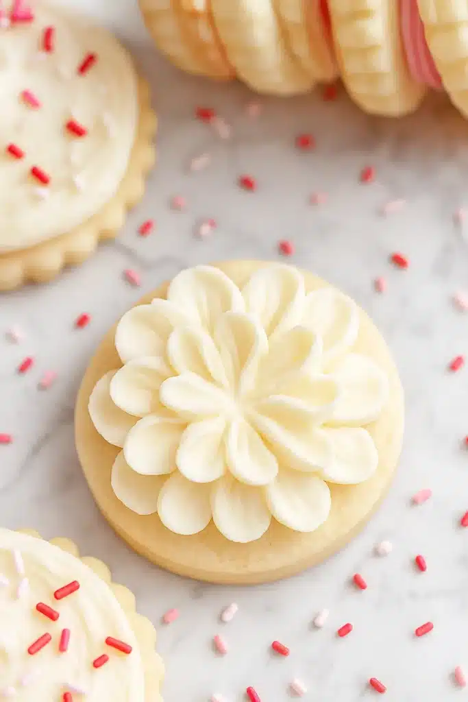 Buttercream sugar cookie with white floral frosting and pink sprinkles